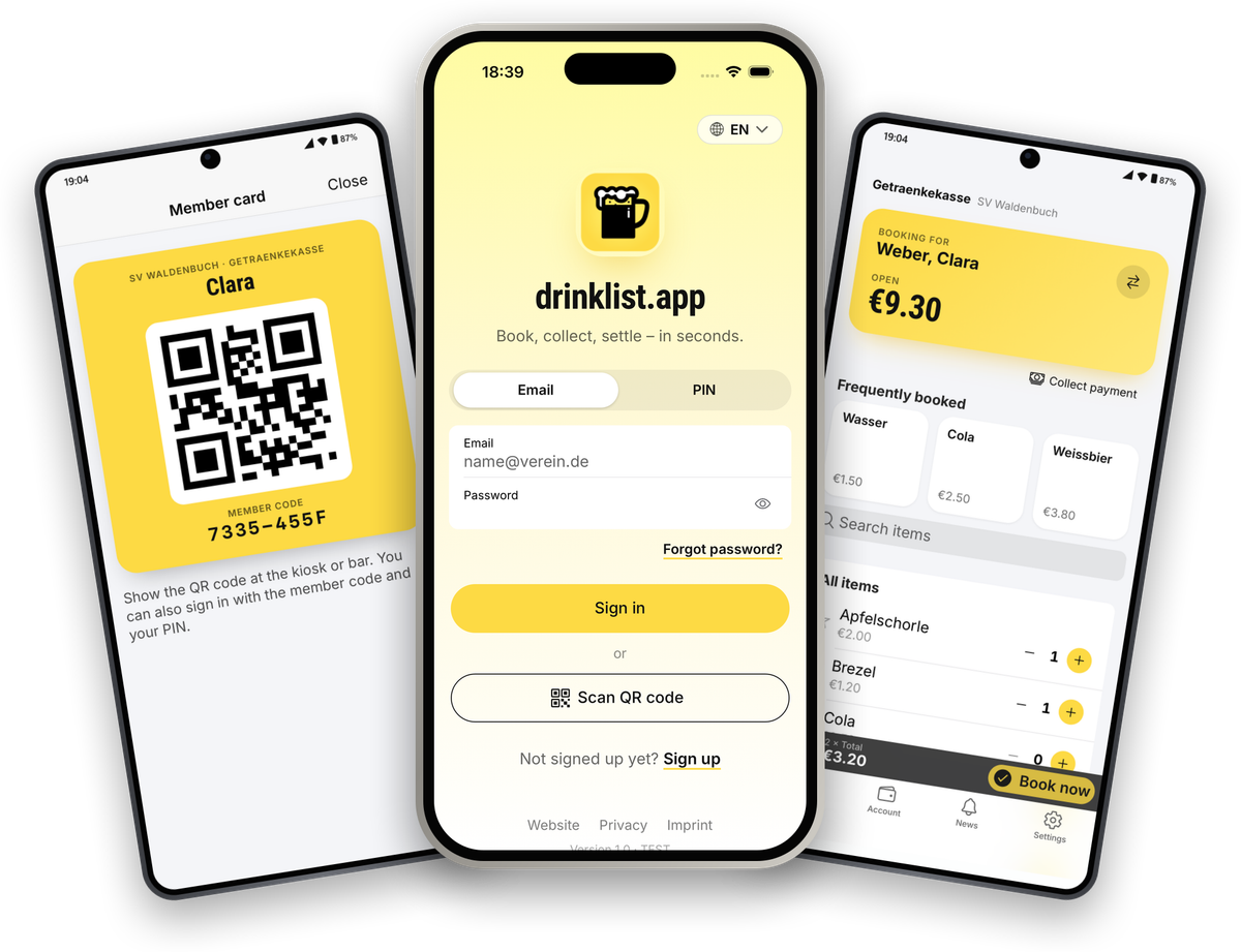drinklist.app on iPhone and Samsung Galaxy: sign-in, cart and booking confirmation