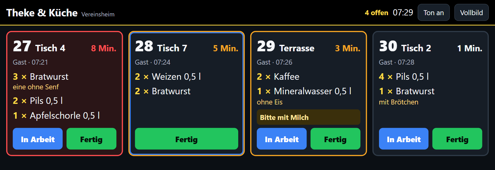 Order display on the test system: tiles with order number, table, waiting time in minutes marked yellow and red, items and buttons “in progress” and “done”