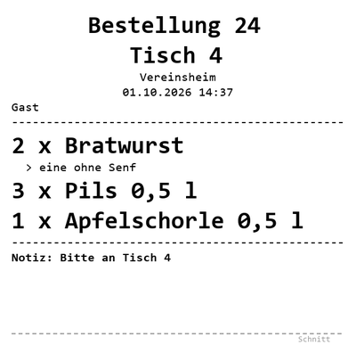 Example of an order ticket for kitchen or bar: large order number, table, line items with note