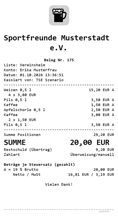 Example of a printed receipt with club logo, line items, discount and VAT