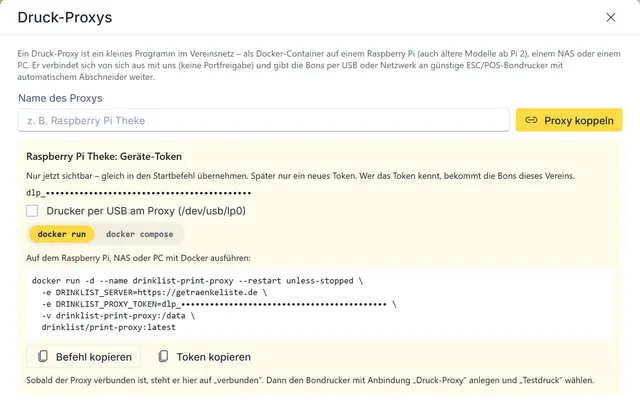 Pairing a print proxy in the admin console: device token and ready-made start command (docker run)