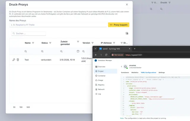 Real-world example: print proxy on a Synology NAS (Container Manager) – "connected" in the admin console