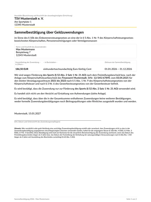 Donation receipt as an annual statement