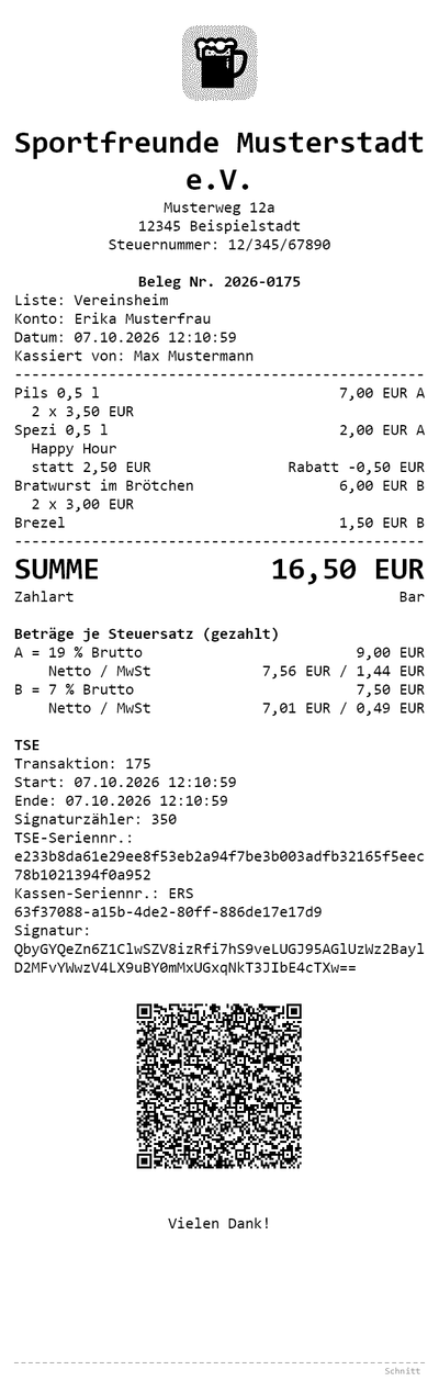Example of a printed receipt with club logo, line items, discount, VAT, TSE data and QR code