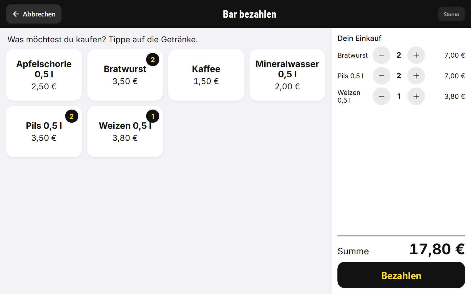 Guest cash sale at the kiosk: drinks and food as tiles, the purchase on the right with plus and minus, total €17.80 and button “Pay”