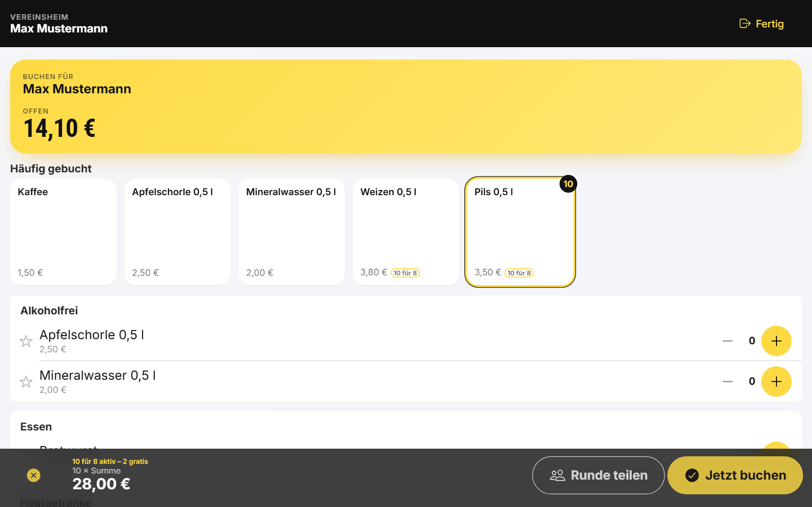 Kiosk on a tablet: ten pilsners in the cart, hint “10 for 8 applied – 2 free”, total €28.00 and buttons “Split round” and “Book now”