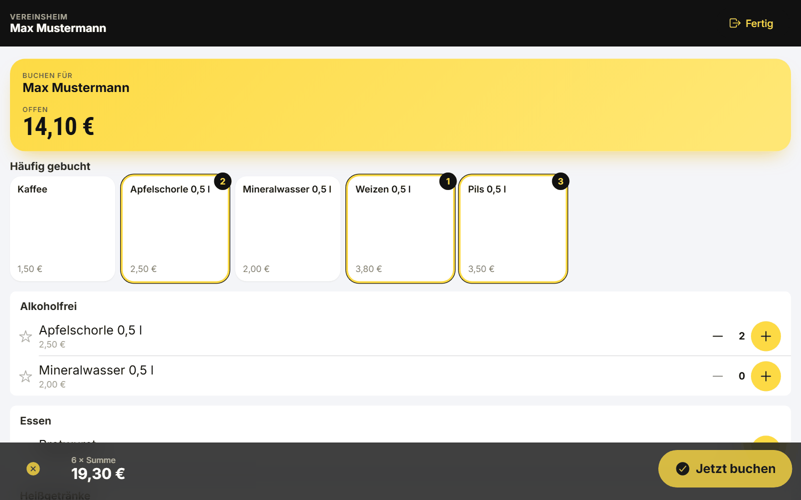 Kiosk on a tablet: account Max Mustermann, tiles with quantities, cart at the bottom with 6 items, total €19.30 and button “Book now”